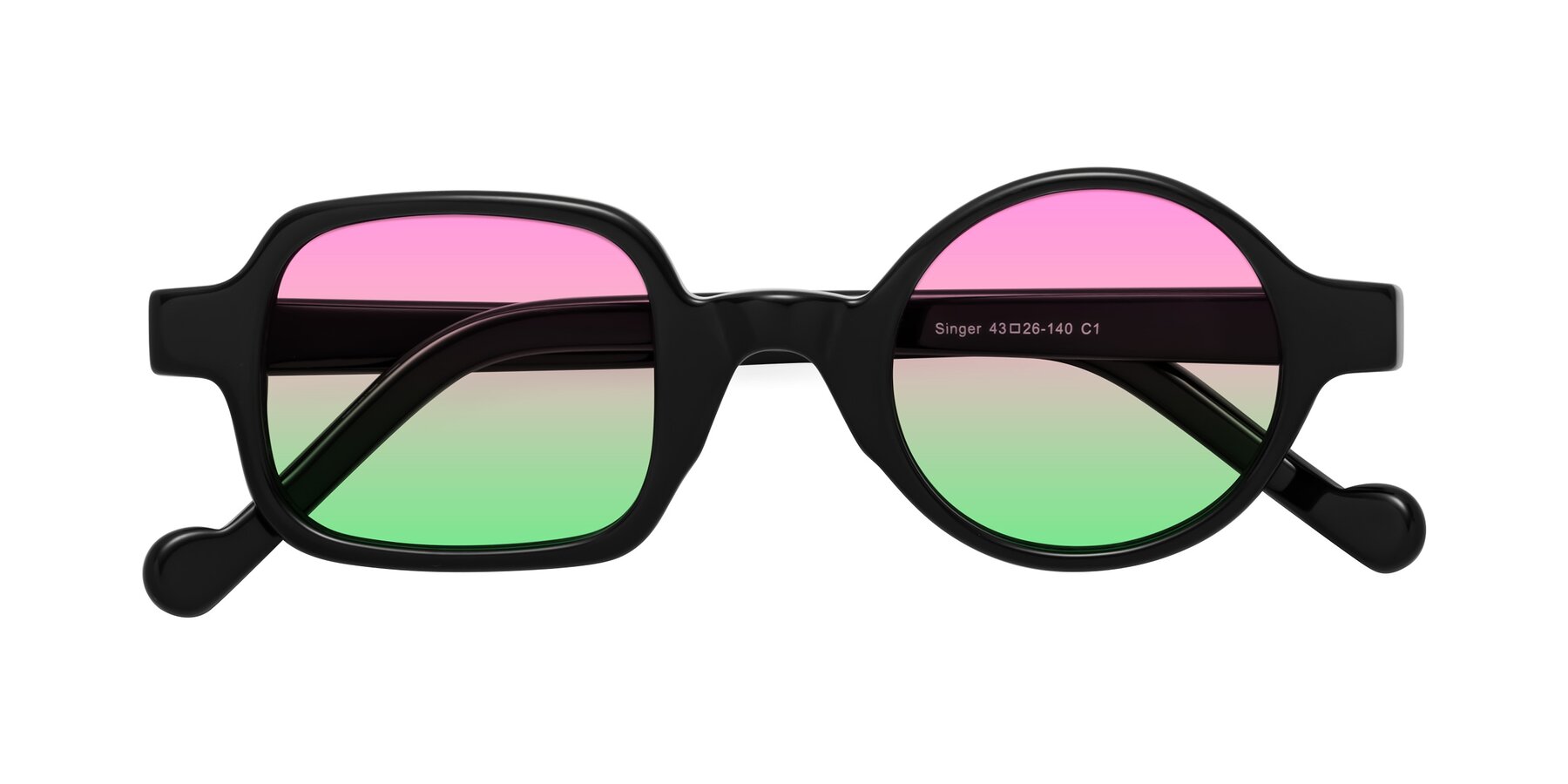 Folded Front of Singer in Black with Pink / Green Gradient Lenses