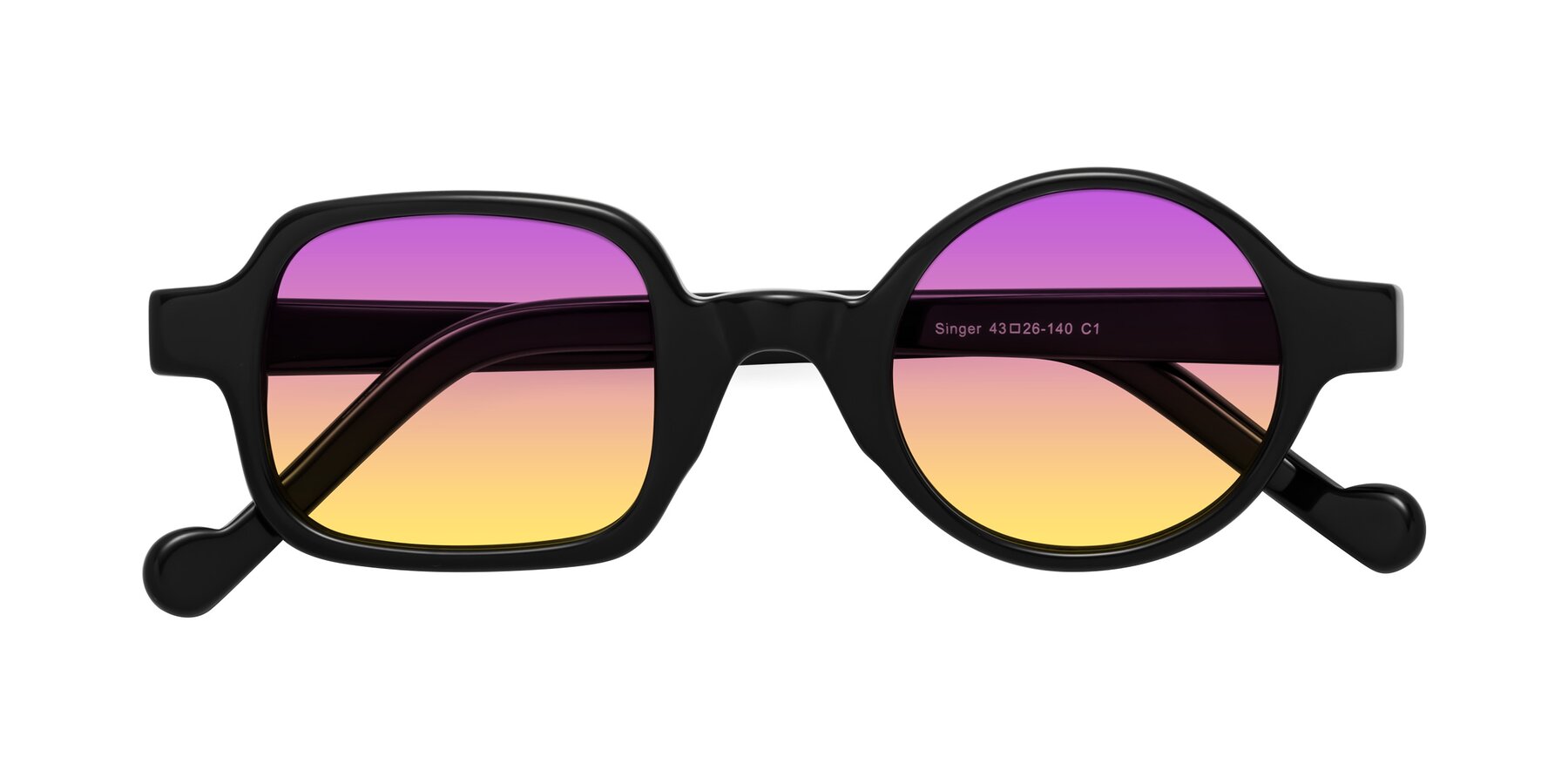 Folded Front of Singer in Black with Purple / Yellow Gradient Lenses