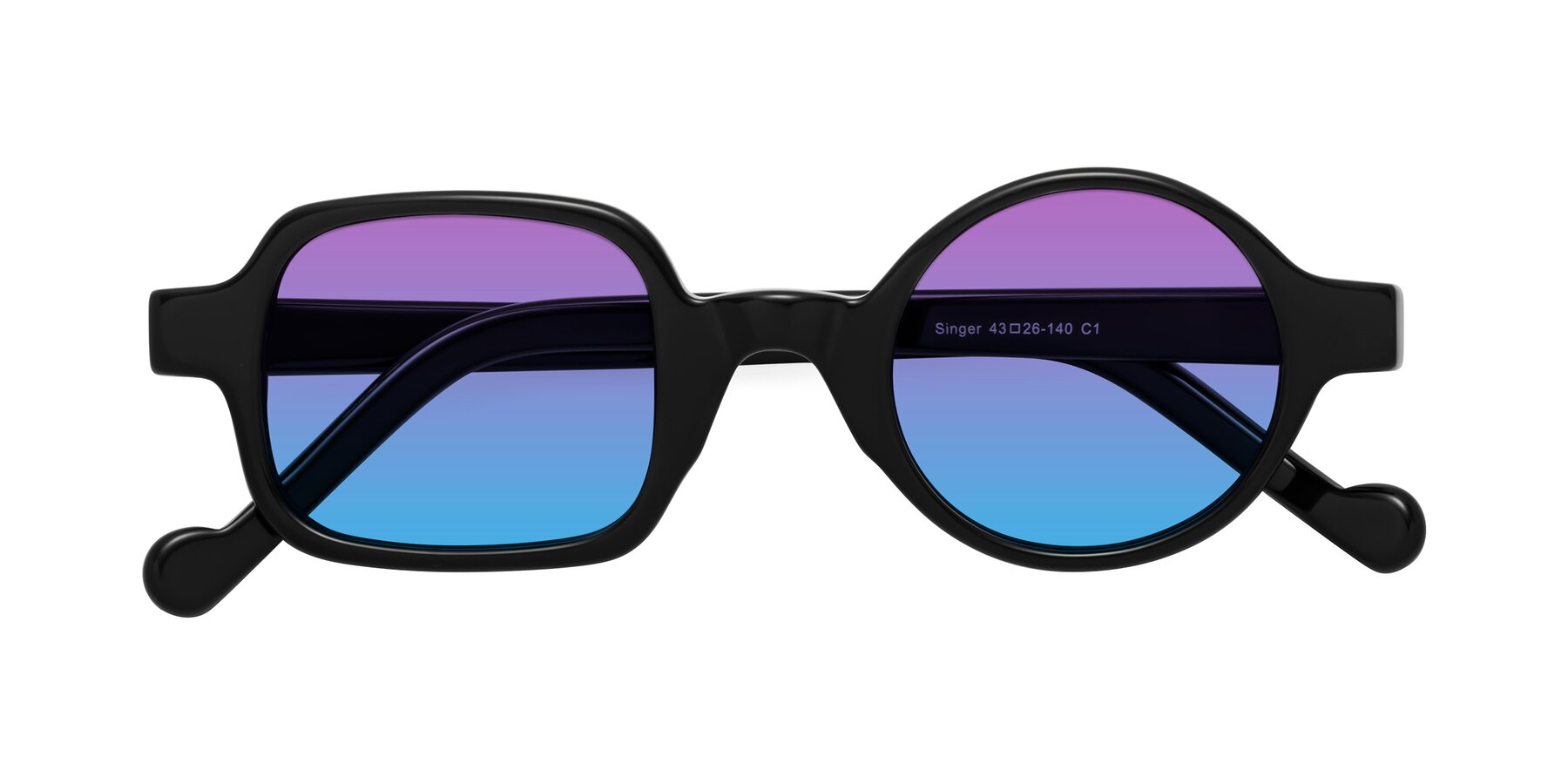 Folded Front of Singer in Black with Purple / Blue Gradient Lenses