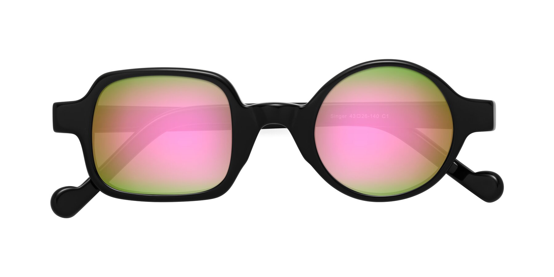 Folded Front of Singer in Black with Pink Mirrored Lenses