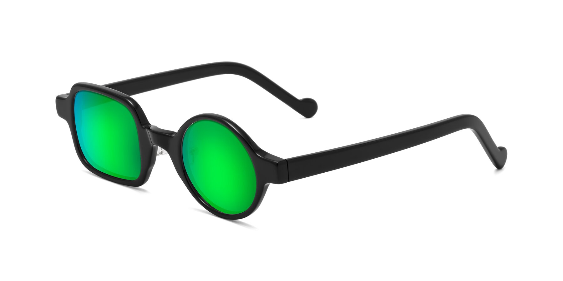 Angle of Singer in Black with Green Mirrored Lenses