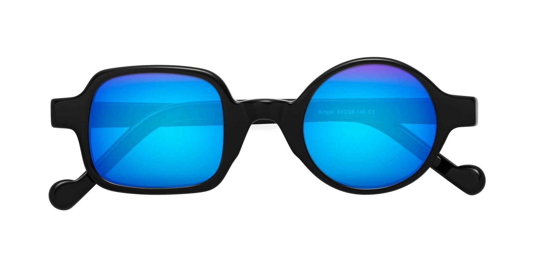 Folded Front of Singer in Black with Blue Mirrored Lenses