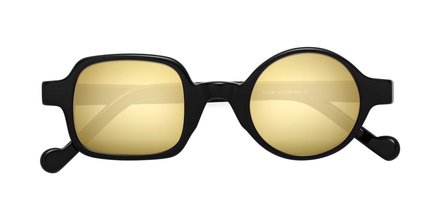 Folded Front of Singer in Black with Gold Mirrored Lenses