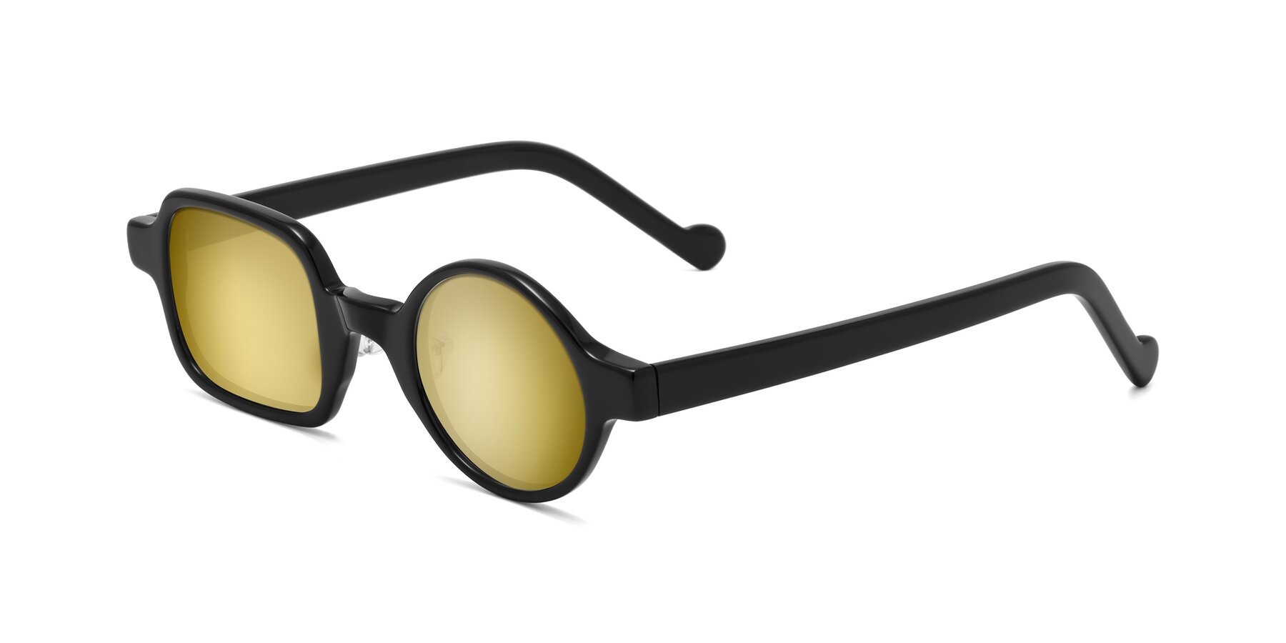 Angle of Singer in Black with Gold Mirrored Lenses