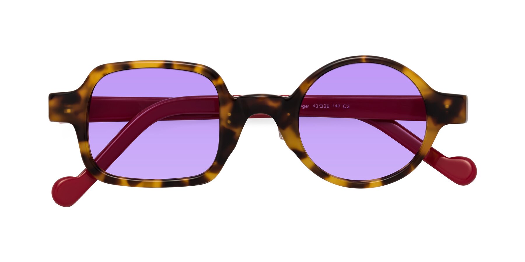 Folded Front of Singer in Tortoise with Medium Purple Tinted Lenses