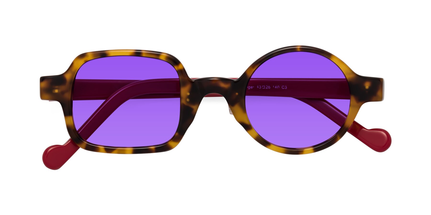 Folded Front of Singer in Tortoise with Purple Tinted Lenses