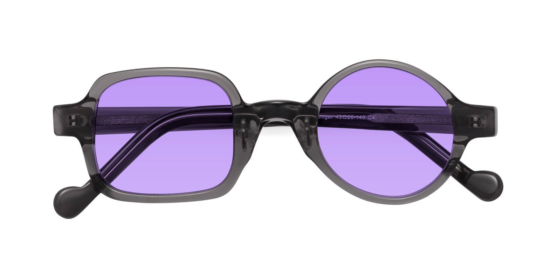 Folded Front of Singer in Transparent Gray with Medium Purple Tinted Lenses