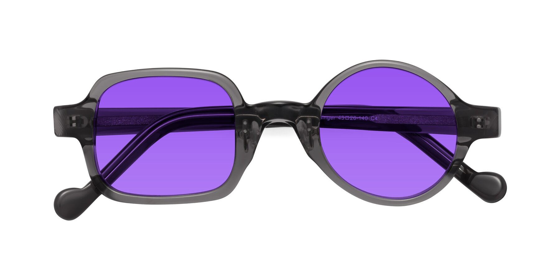 Folded Front of Singer in Transparent Gray with Purple Tinted Lenses