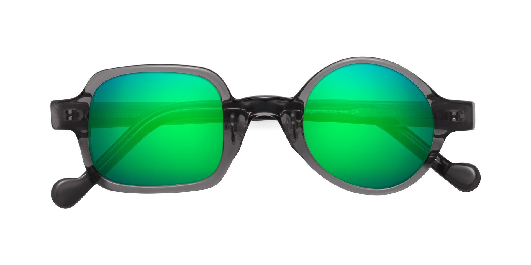 Folded Front of Singer in Transparent Gray with Green Mirrored Lenses