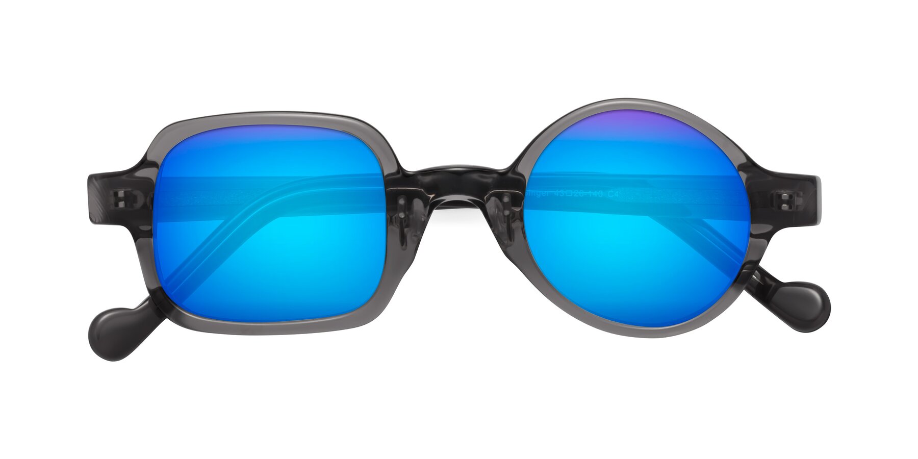 Folded Front of Singer in Transparent Gray with Blue Mirrored Lenses