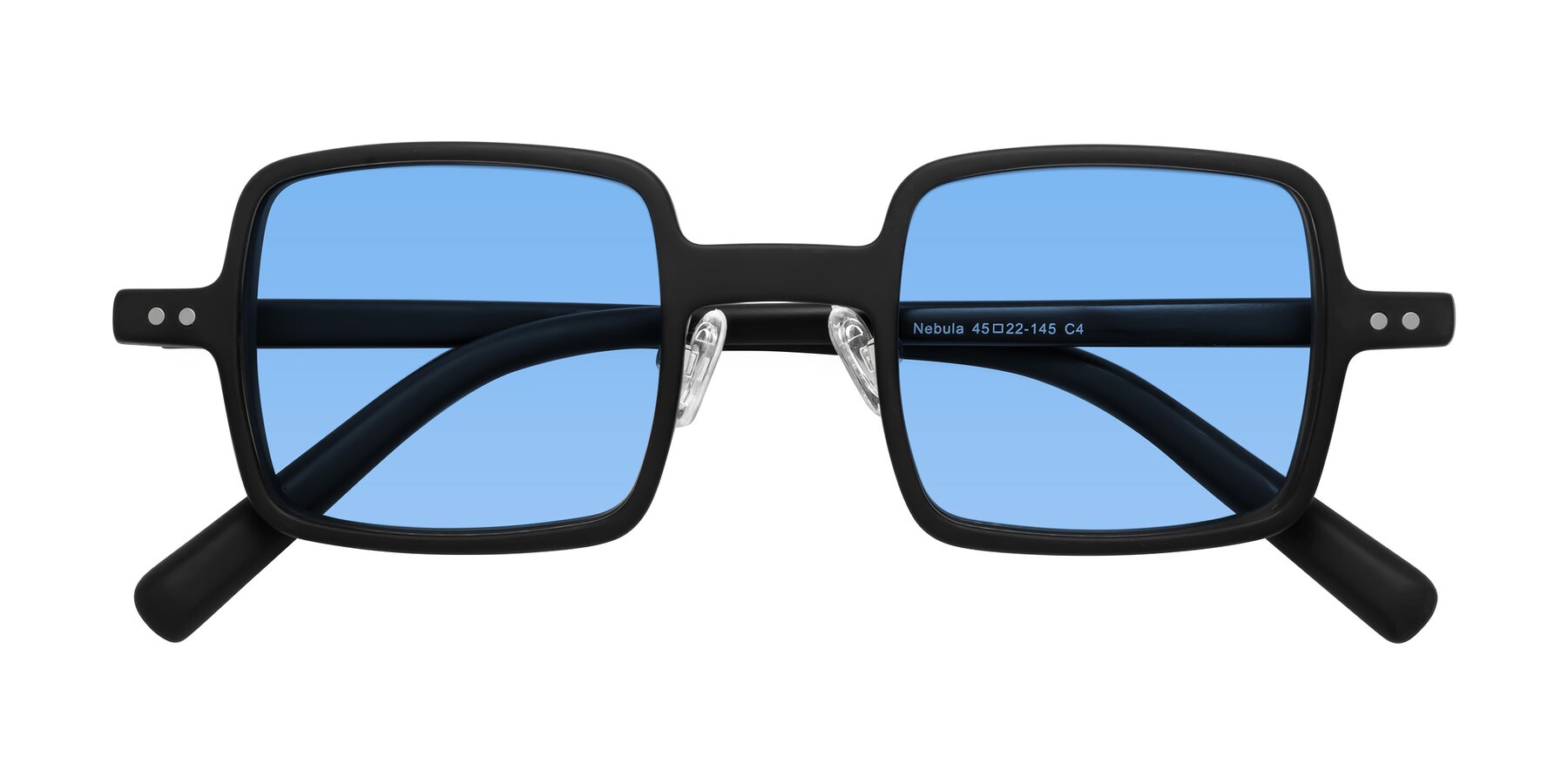 Folded Front of Nebula in Matte Black with Medium Blue Tinted Lenses