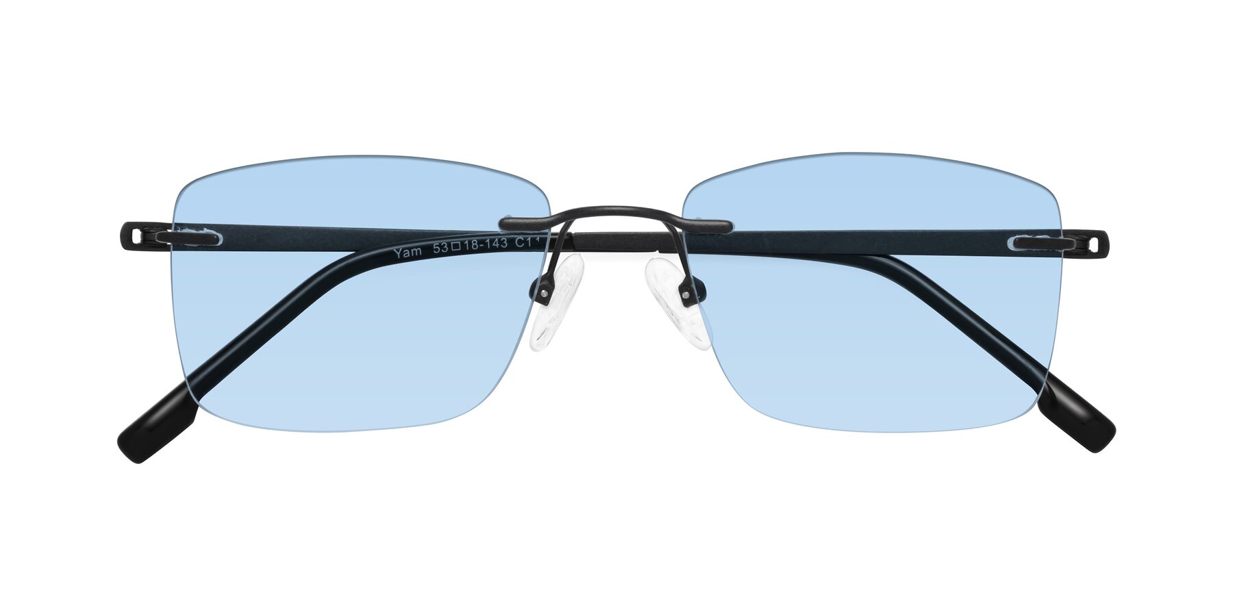 Folded Front of Yam in Matte Black with Light Blue Tinted Lenses