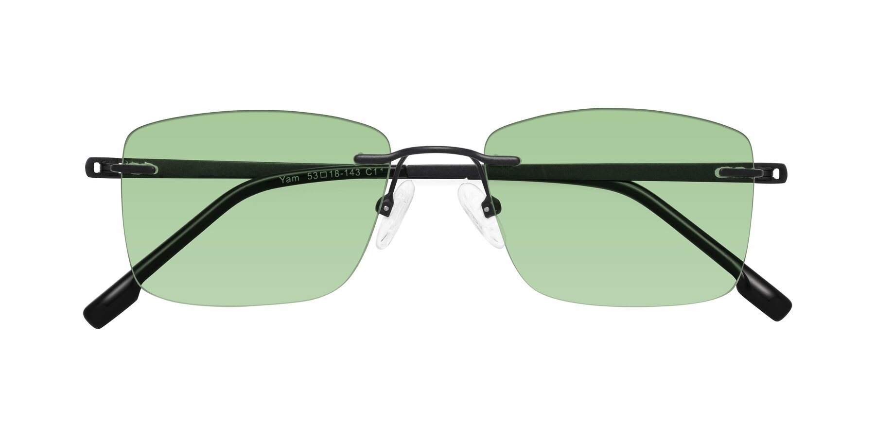 Folded Front of Yam in Matte Black with Medium Green Tinted Lenses