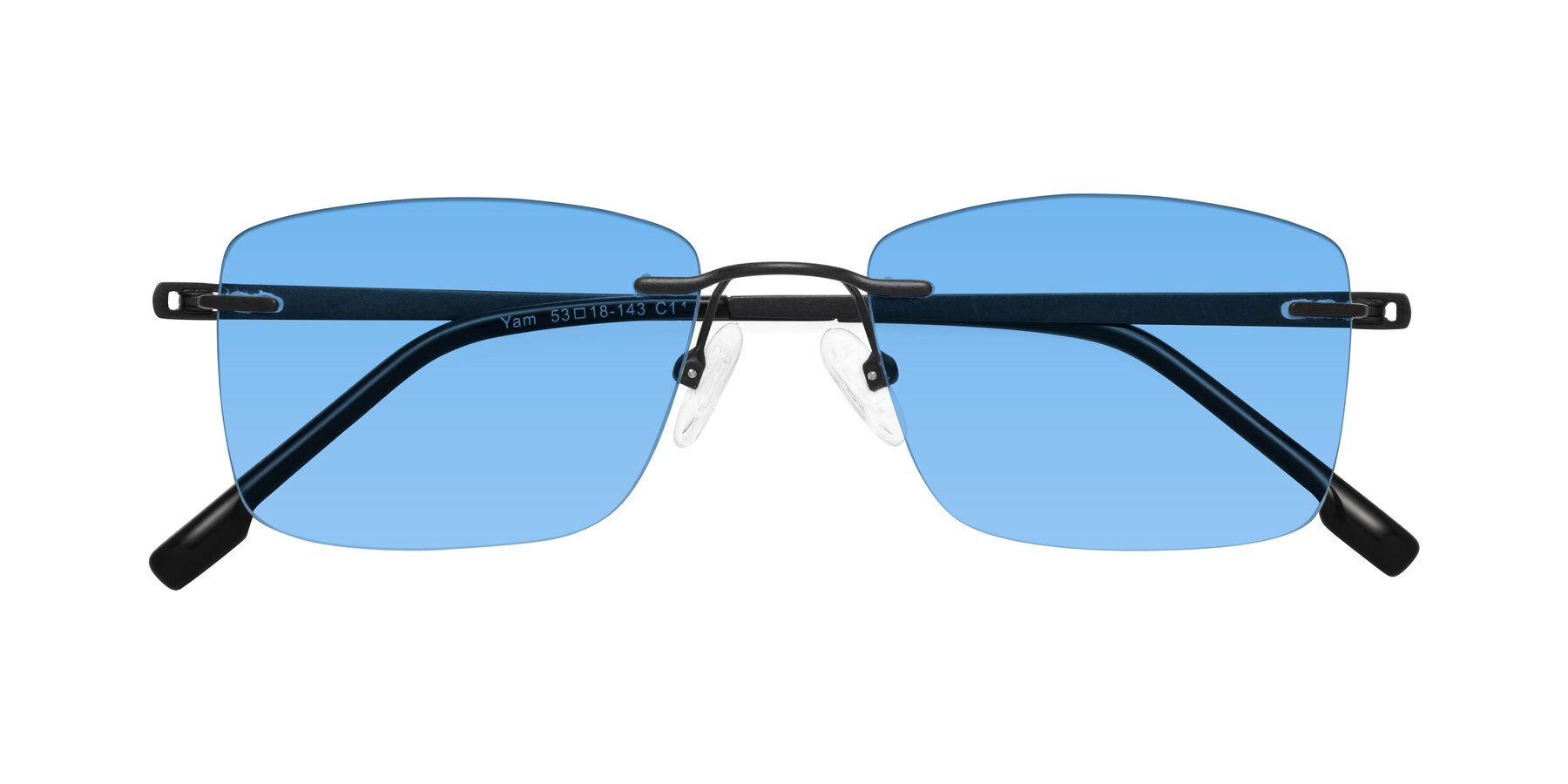 Folded Front of Yam in Matte Black with Medium Blue Tinted Lenses