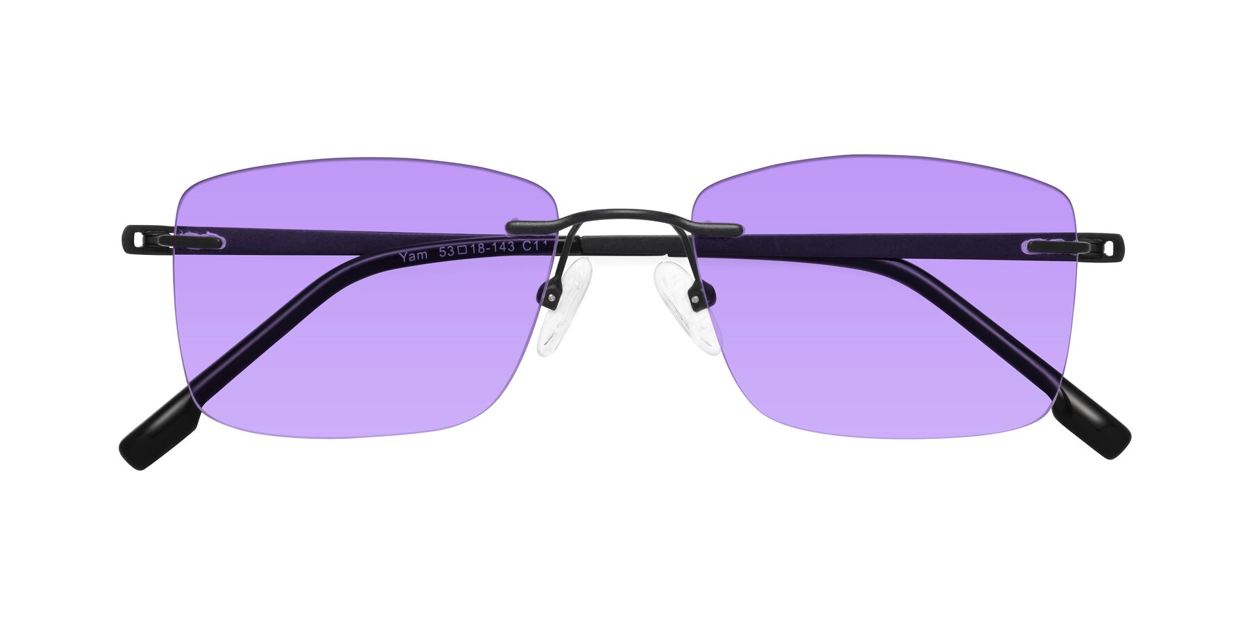 Folded Front of Yam in Matte Black with Medium Purple Tinted Lenses