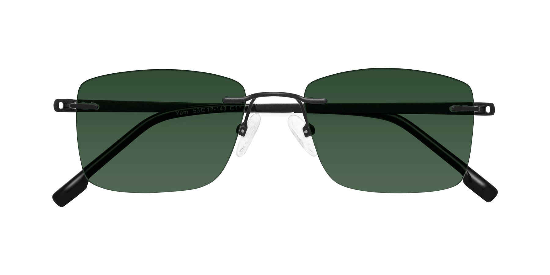 Folded Front of Yam in Matte Black with Green Tinted Lenses