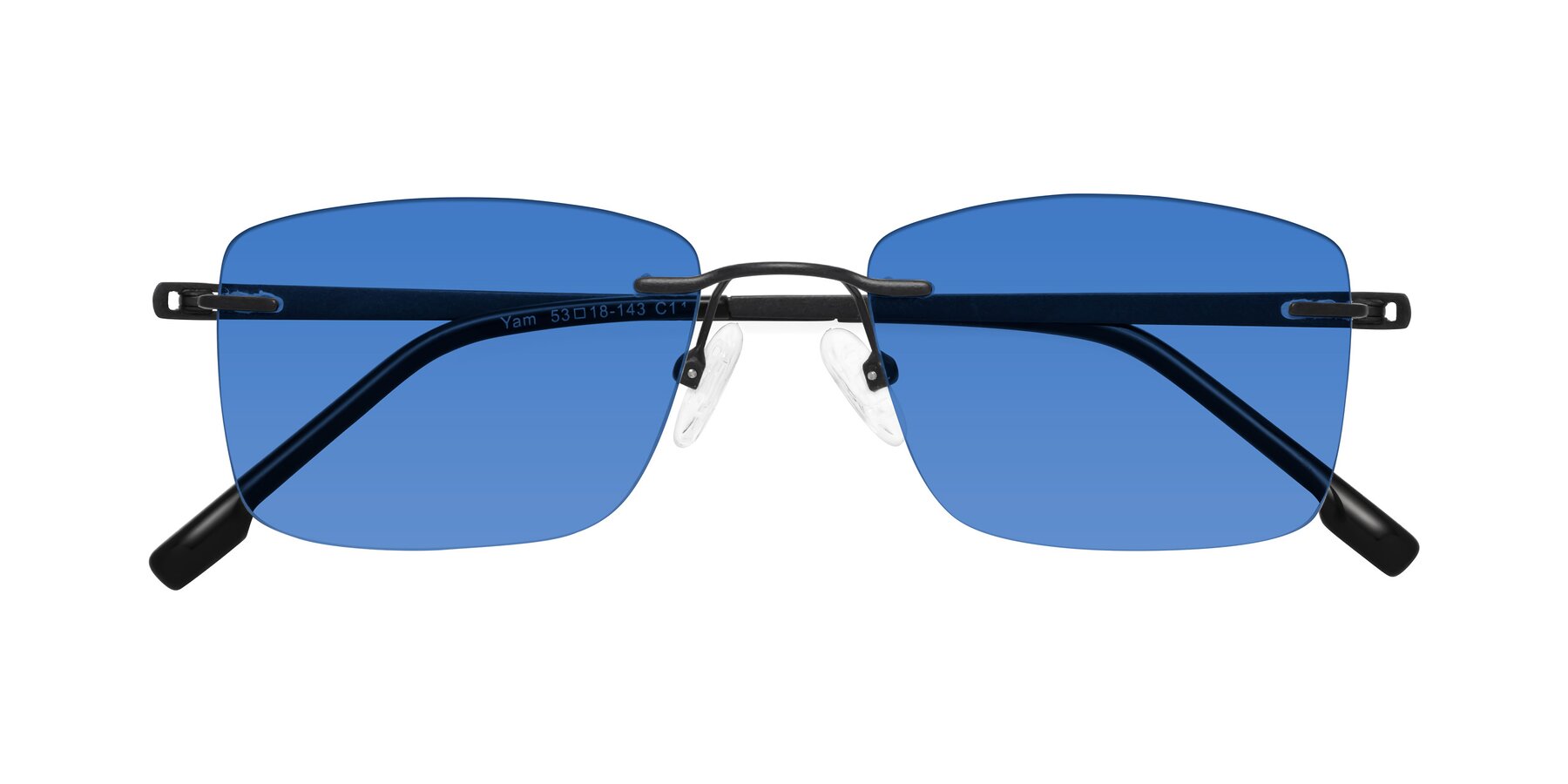 Folded Front of Yam in Matte Black with Blue Tinted Lenses