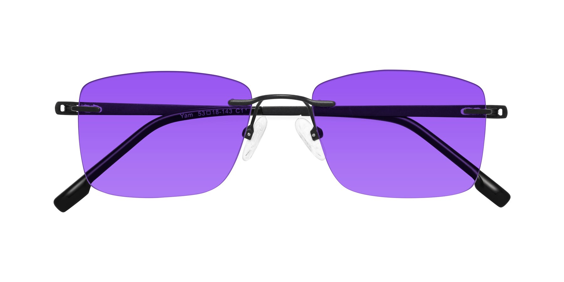 Folded Front of Yam in Matte Black with Purple Tinted Lenses