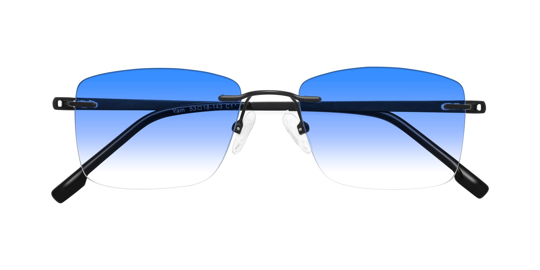 Folded Front of Yam in Matte Black with Blue Gradient Lenses