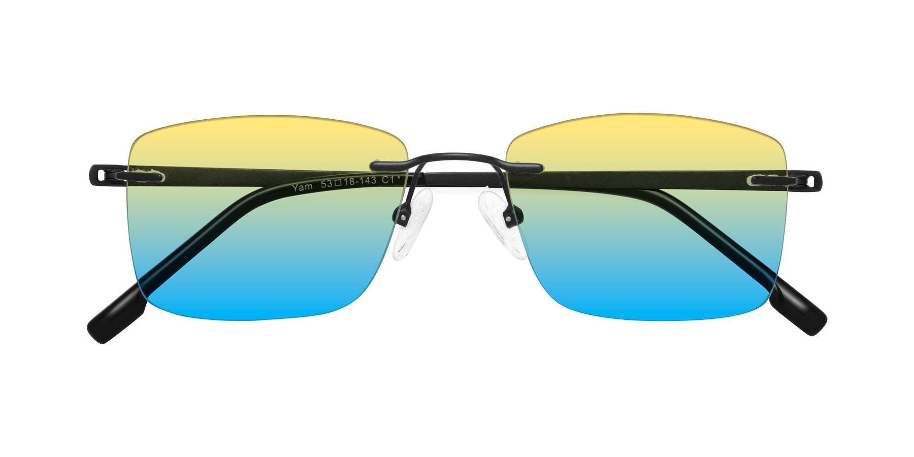 Folded Front of Yam in Matte Black with Yellow / Blue Gradient Lenses