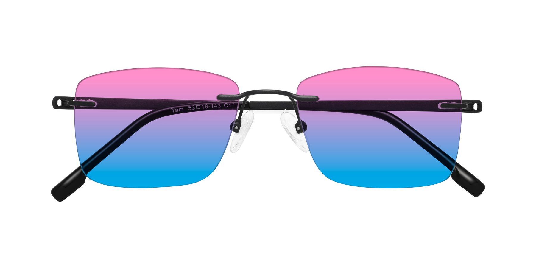 Folded Front of Yam in Matte Black with Pink / Blue Gradient Lenses