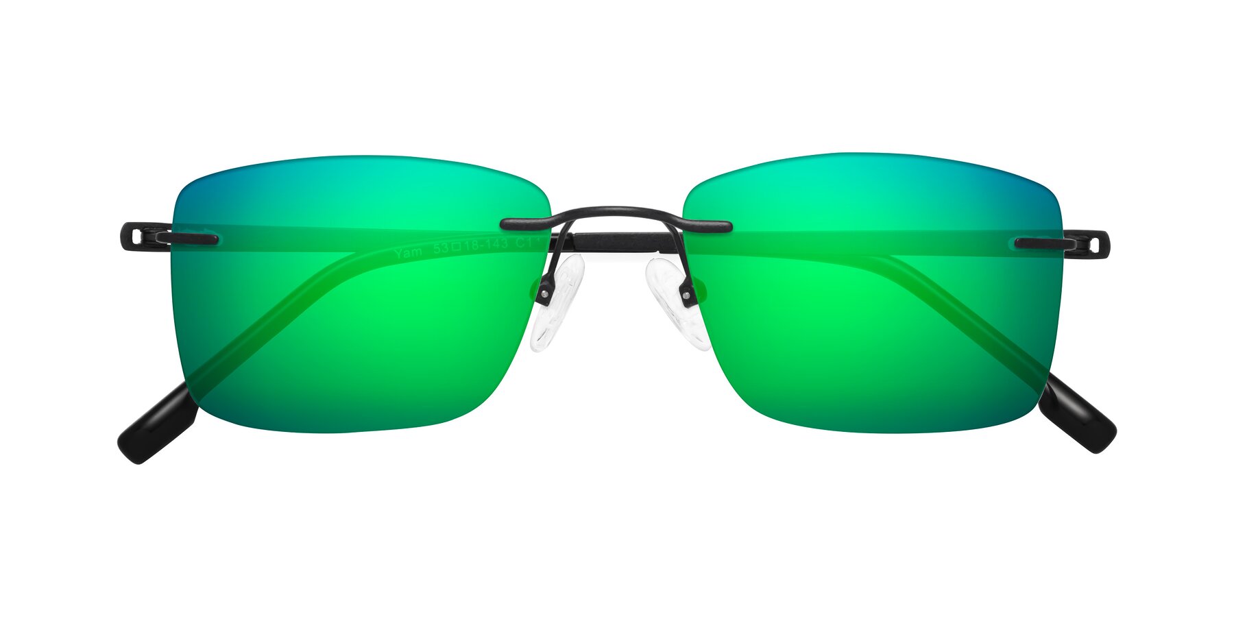 Folded Front of Yam in Matte Black with Green Mirrored Lenses