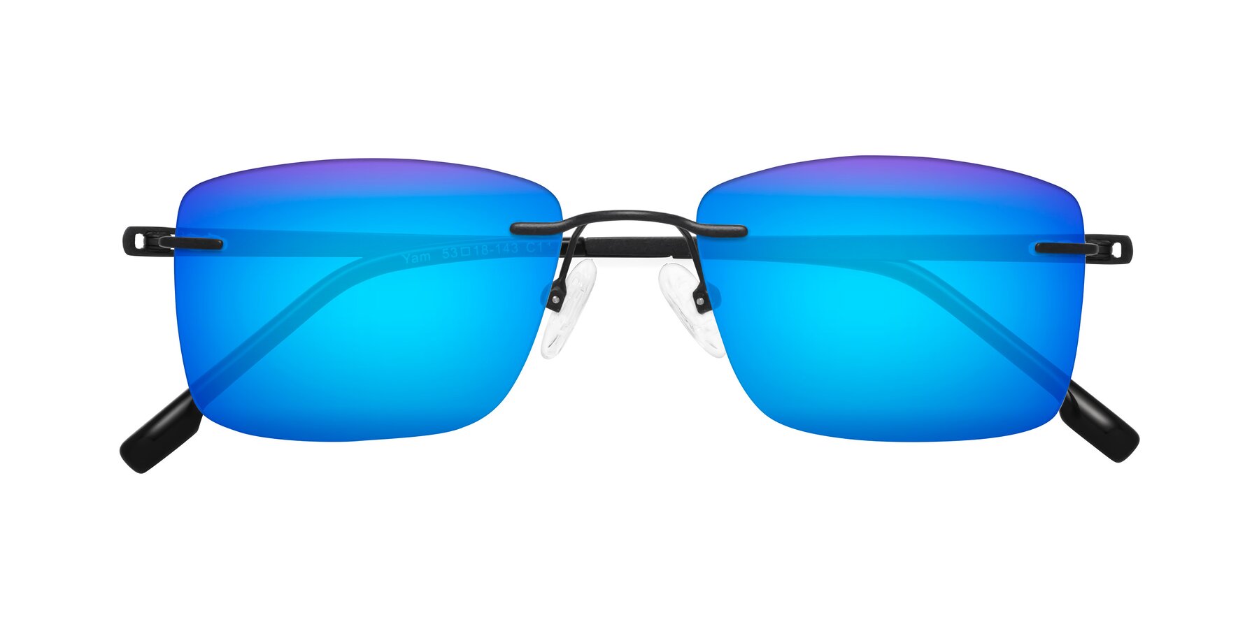 Folded Front of Yam in Matte Black with Blue Mirrored Lenses