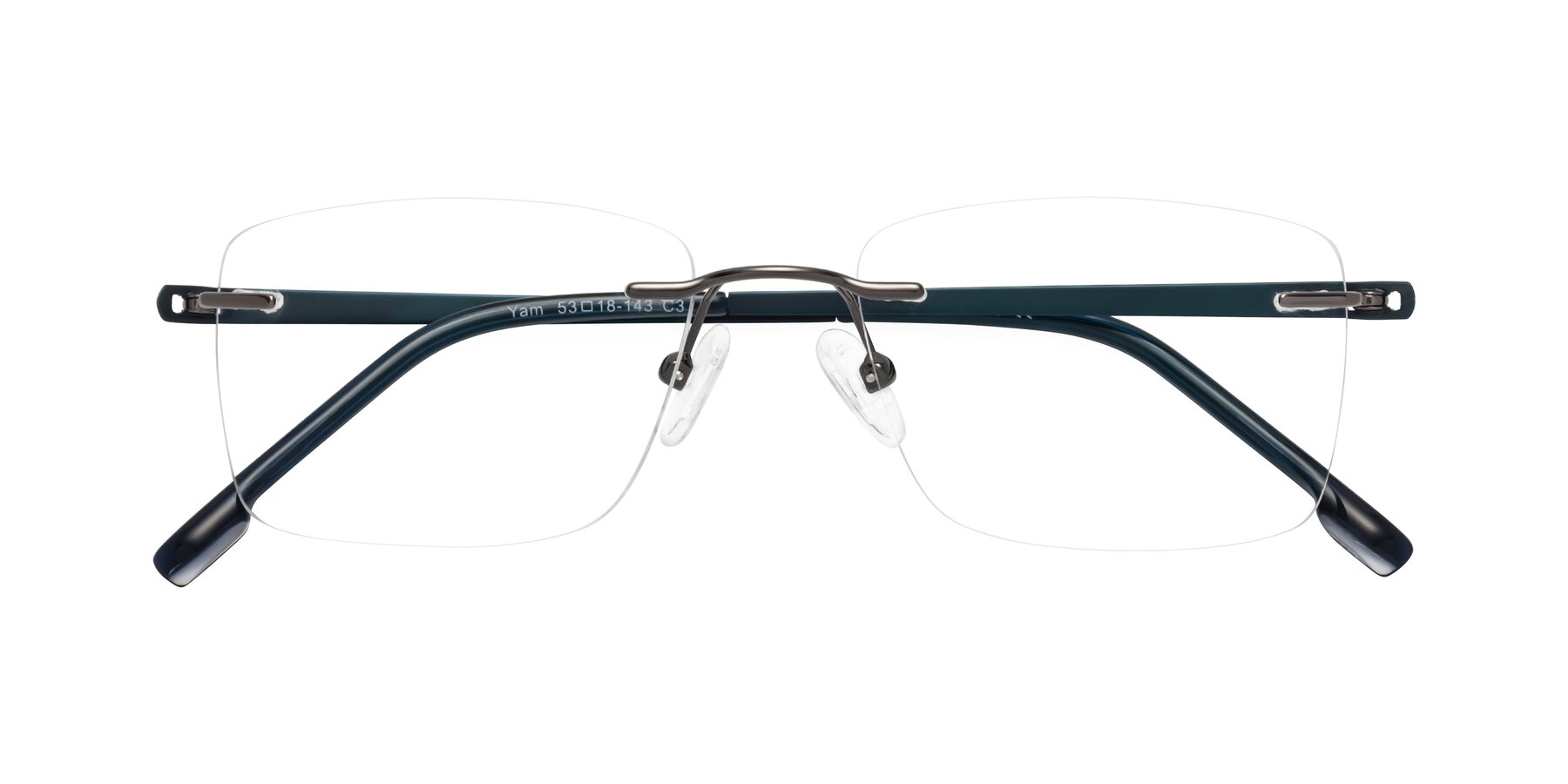 Folded Front of Yam in Gunmetal-Blue with Clear Eyeglass Lenses