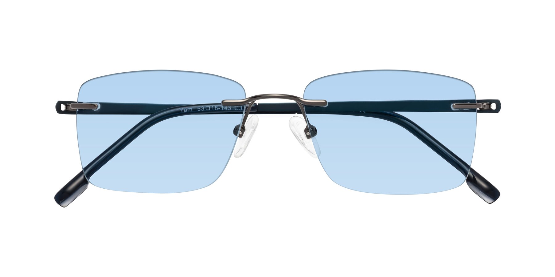 Folded Front of Yam in Gunmetal-Blue with Light Blue Tinted Lenses