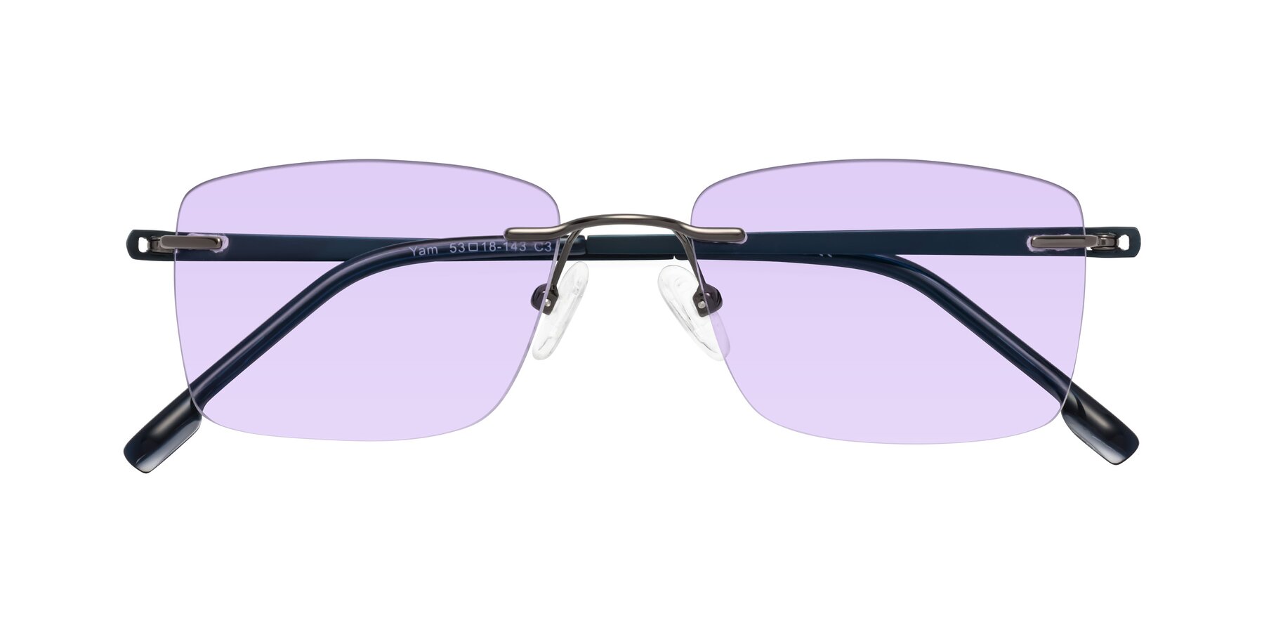 Folded Front of Yam in Gunmetal-Blue with Light Purple Tinted Lenses