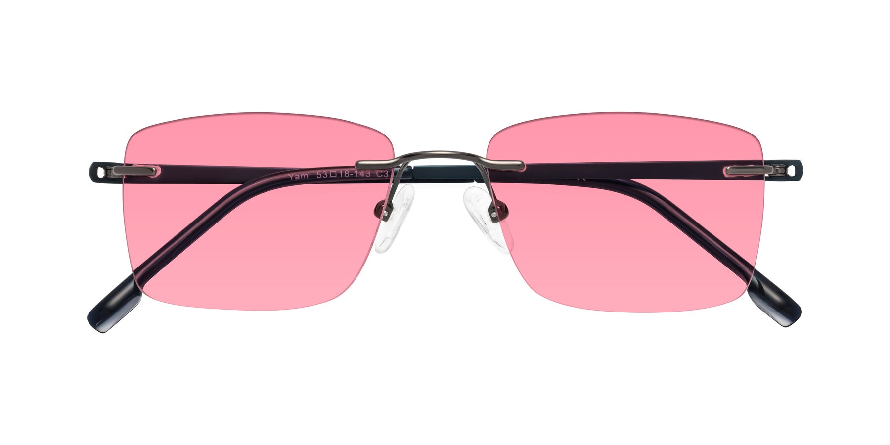 Folded Front of Yam in Gunmetal-Blue with Pink Tinted Lenses