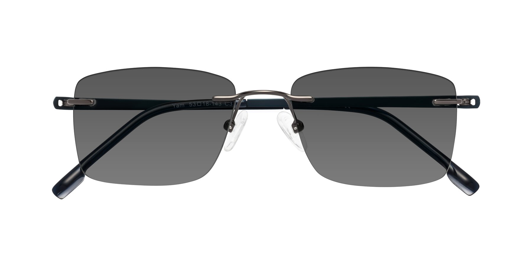 Folded Front of Yam in Gunmetal-Blue with Medium Gray Tinted Lenses