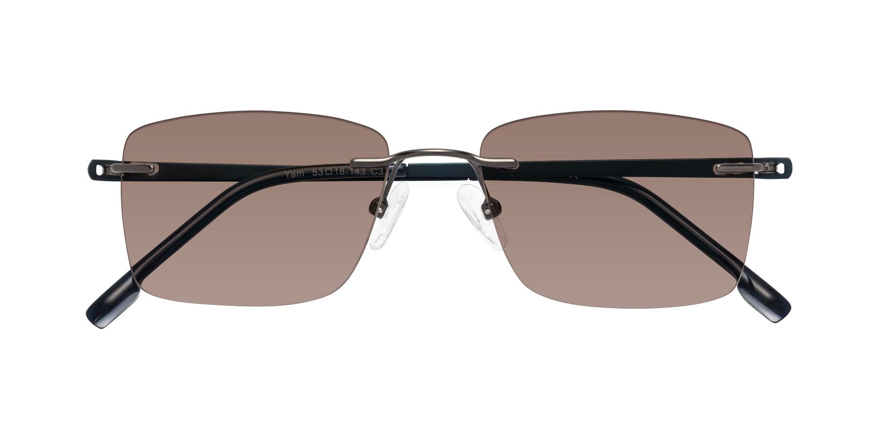 Folded Front of Yam in Gunmetal-Blue with Medium Brown Tinted Lenses