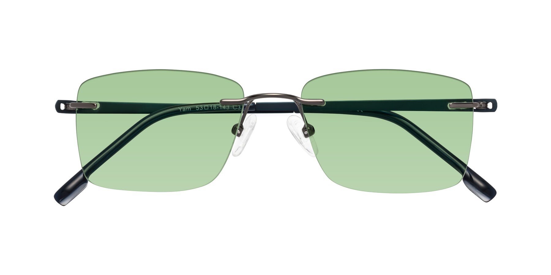 Folded Front of Yam in Gunmetal-Blue with Medium Green Tinted Lenses