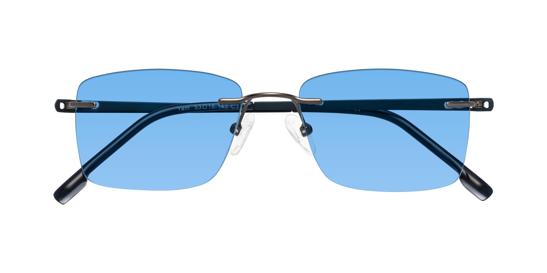 Folded Front of Yam in Gunmetal-Blue with Medium Blue Tinted Lenses