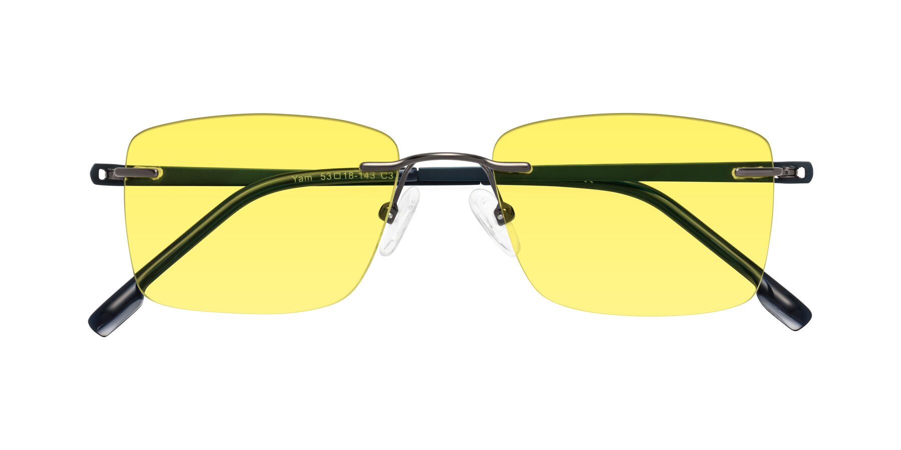 Folded Front of Yam in Gunmetal-Blue with Medium Yellow Tinted Lenses