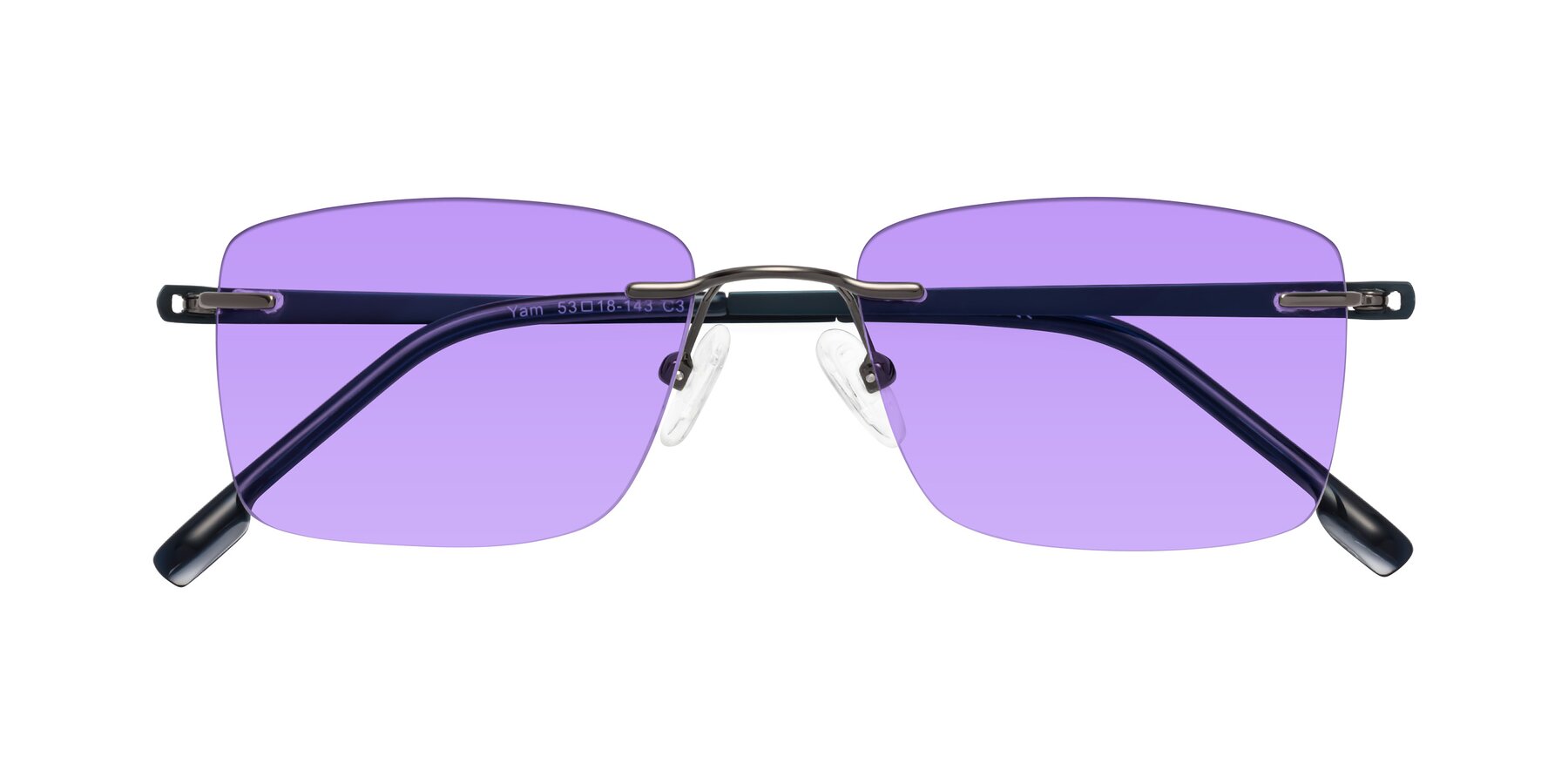 Folded Front of Yam in Gunmetal-Blue with Medium Purple Tinted Lenses