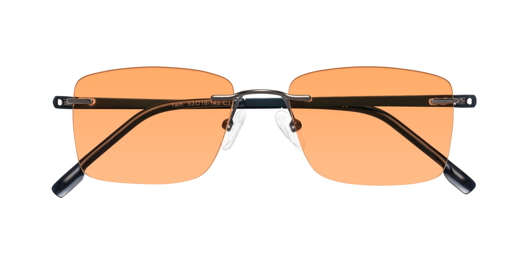 Folded Front of Yam in Gunmetal-Blue with Medium Orange Tinted Lenses