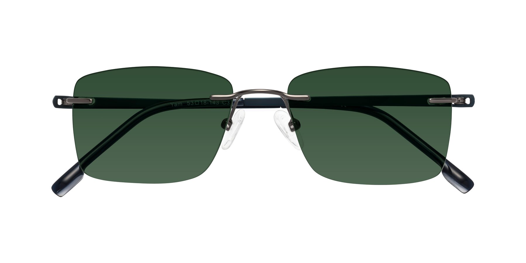 Folded Front of Yam in Gunmetal-Blue with Green Tinted Lenses