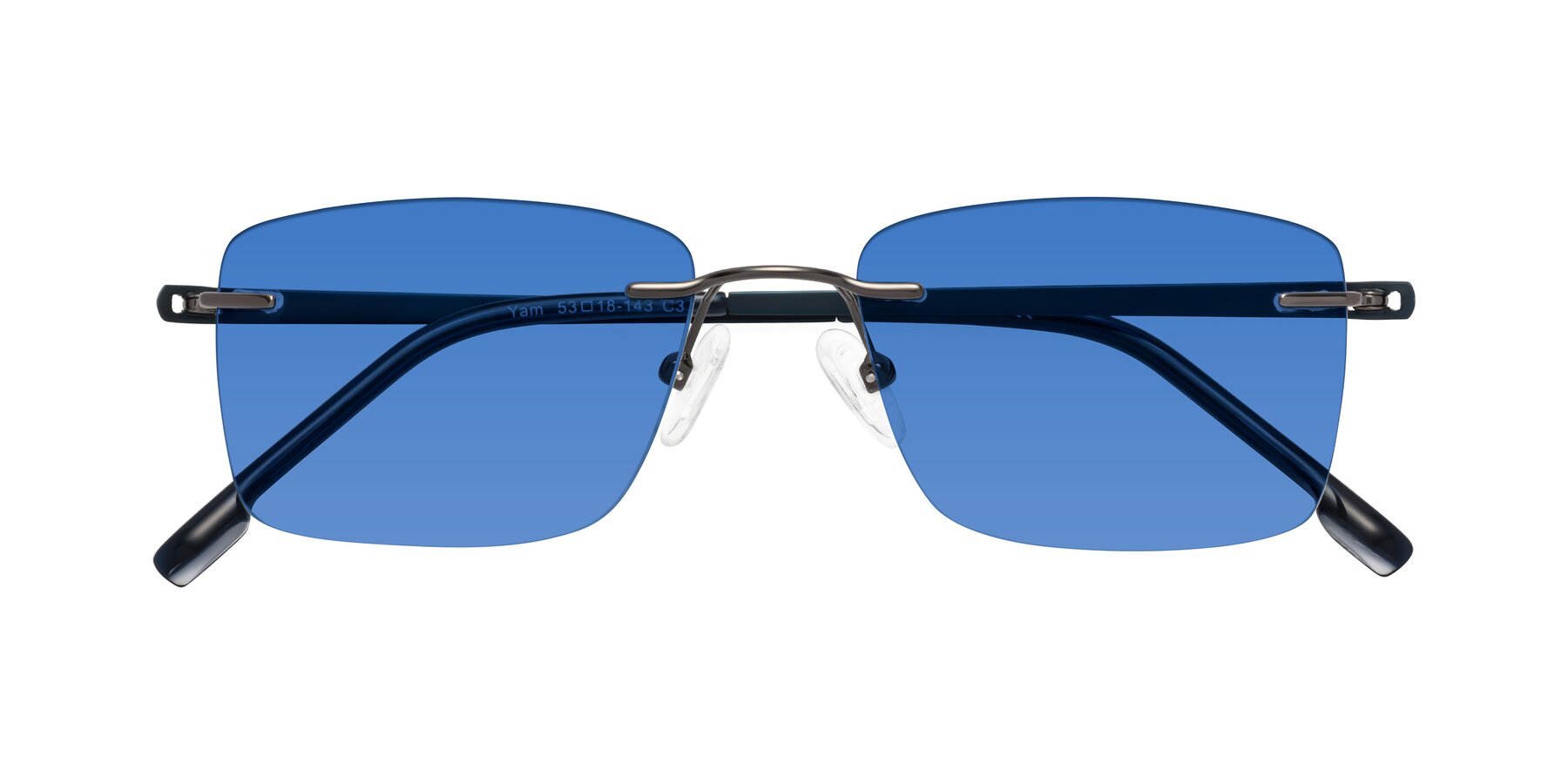 Folded Front of Yam in Gunmetal-Blue with Blue Tinted Lenses