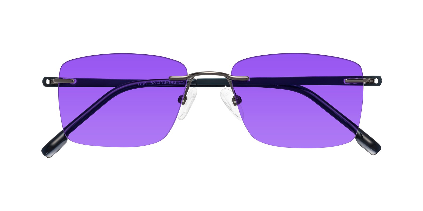 Folded Front of Yam in Gunmetal-Blue with Purple Tinted Lenses