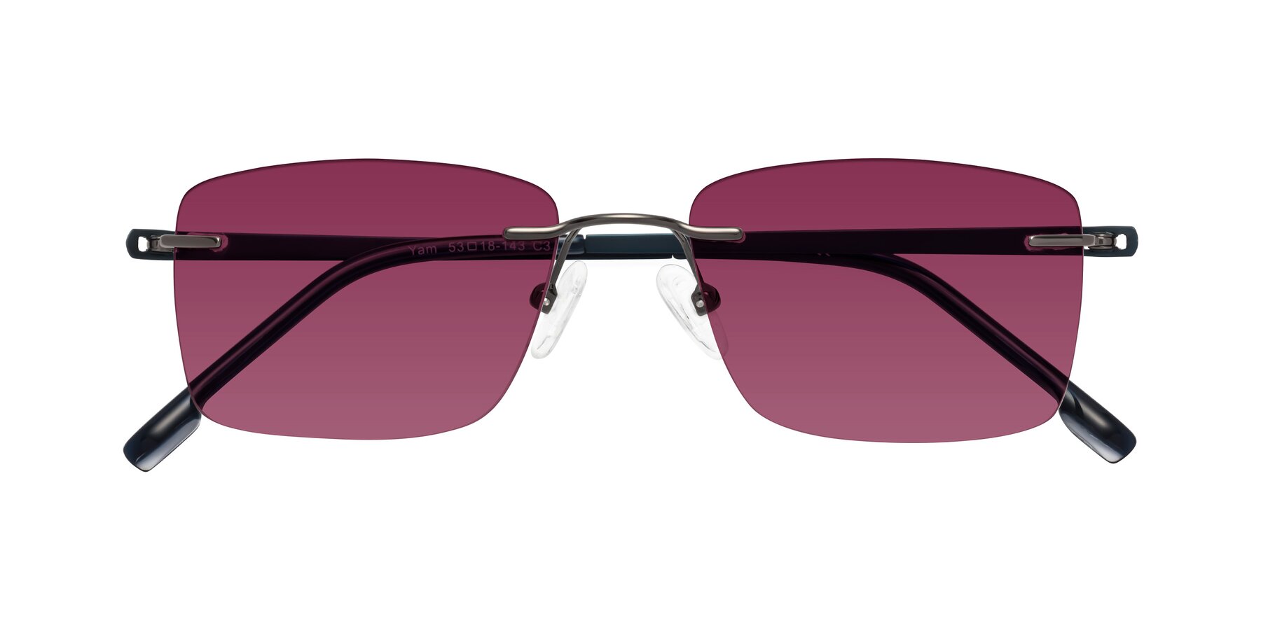 Folded Front of Yam in Gunmetal-Blue with Wine Tinted Lenses