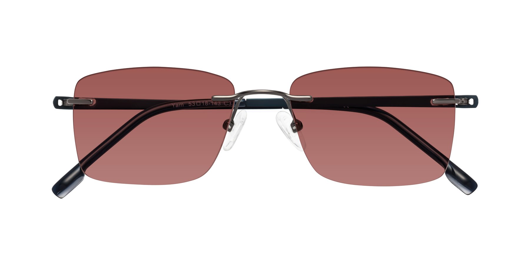 Folded Front of Yam in Gunmetal-Blue with Garnet Tinted Lenses