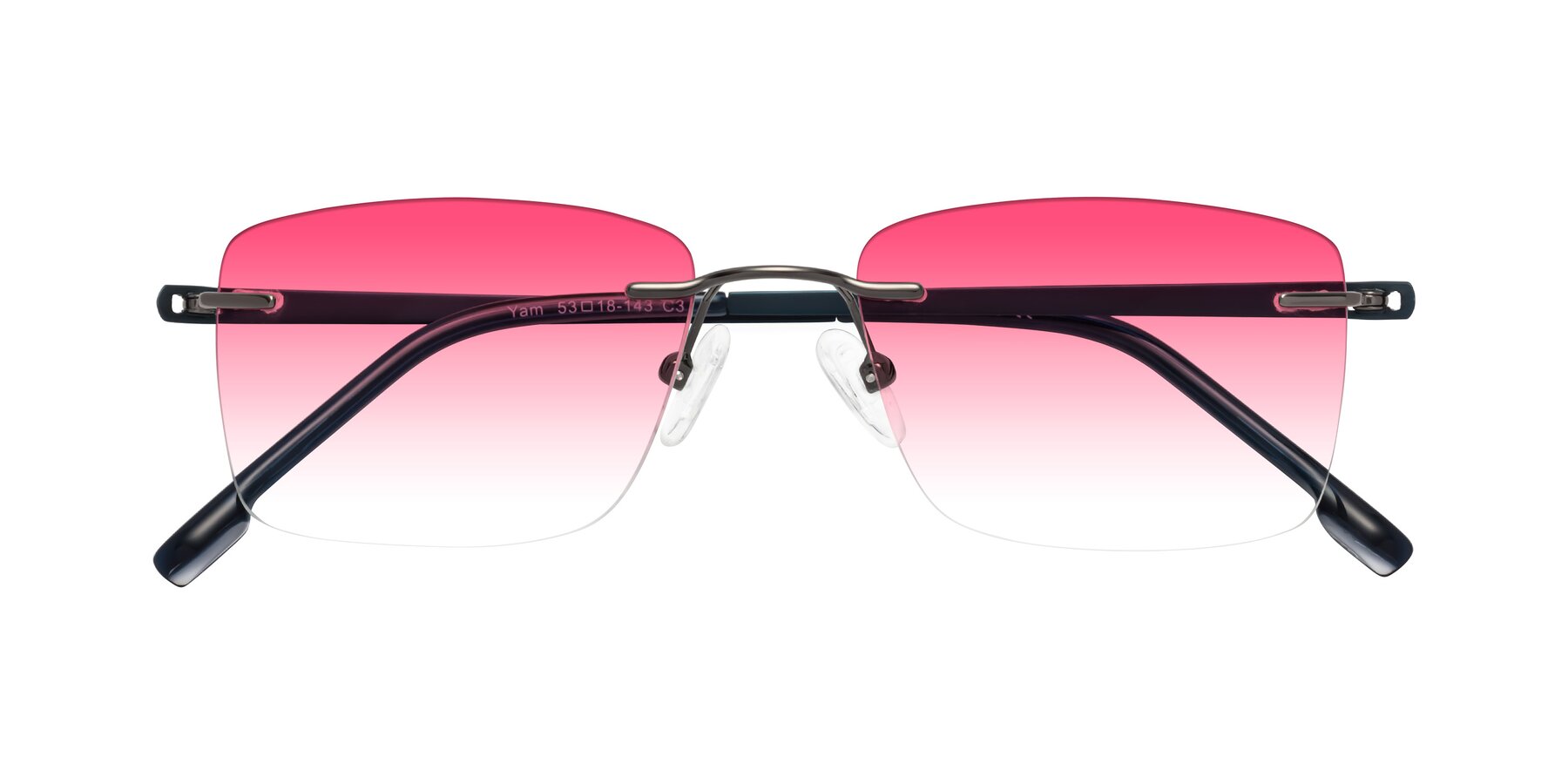 Folded Front of Yam in Gunmetal-Blue with Pink Gradient Lenses