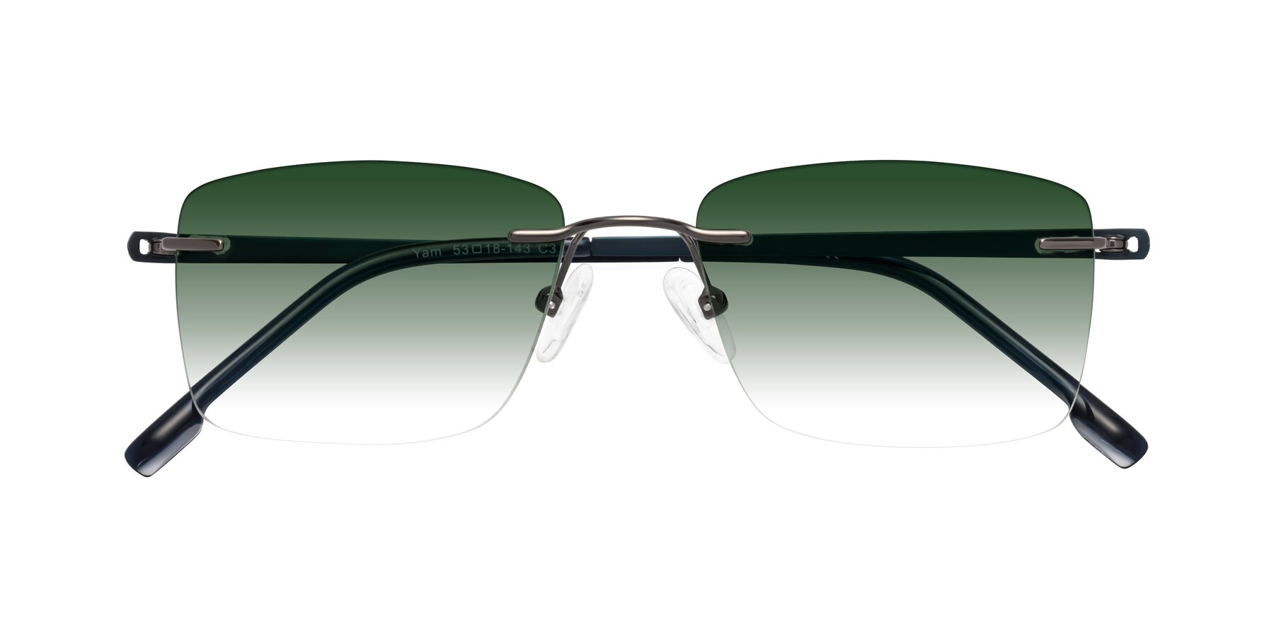 Folded Front of Yam in Gunmetal-Blue with Green Gradient Lenses