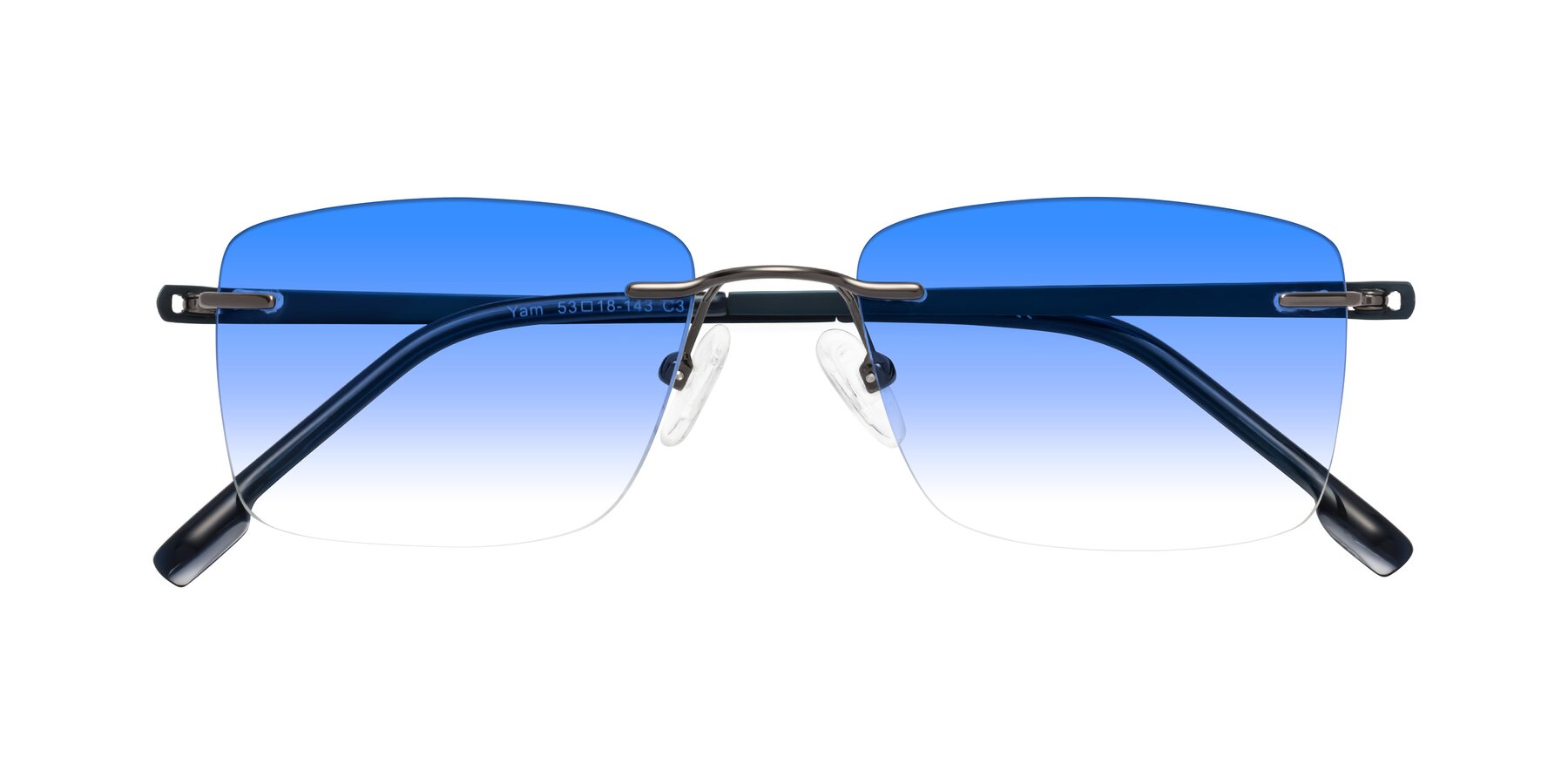 Folded Front of Yam in Gunmetal-Blue with Blue Gradient Lenses