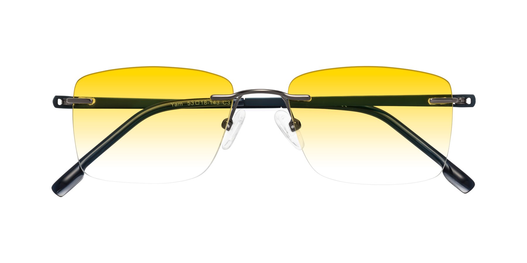 Folded Front of Yam in Gunmetal-Blue with Yellow Gradient Lenses