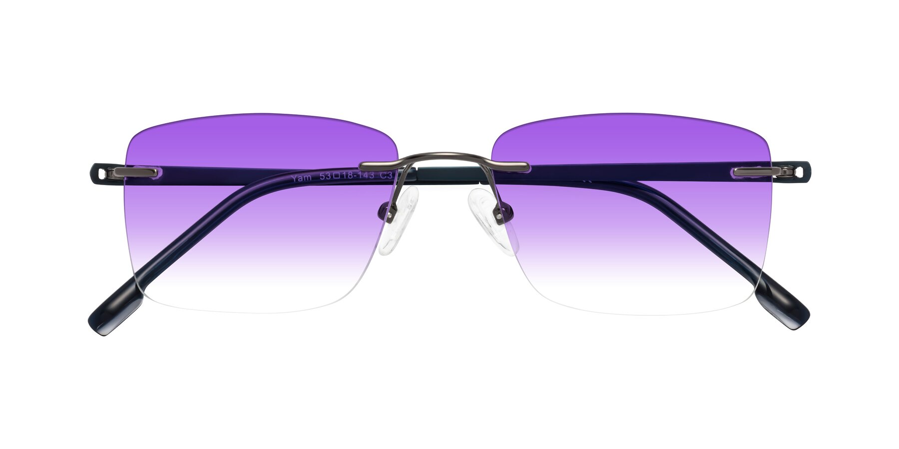 Folded Front of Yam in Gunmetal-Blue with Purple Gradient Lenses