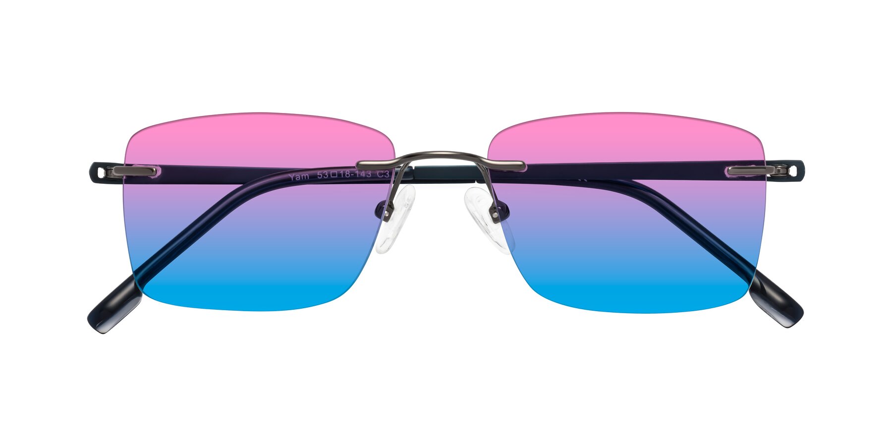 Folded Front of Yam in Gunmetal-Blue with Pink / Blue Gradient Lenses