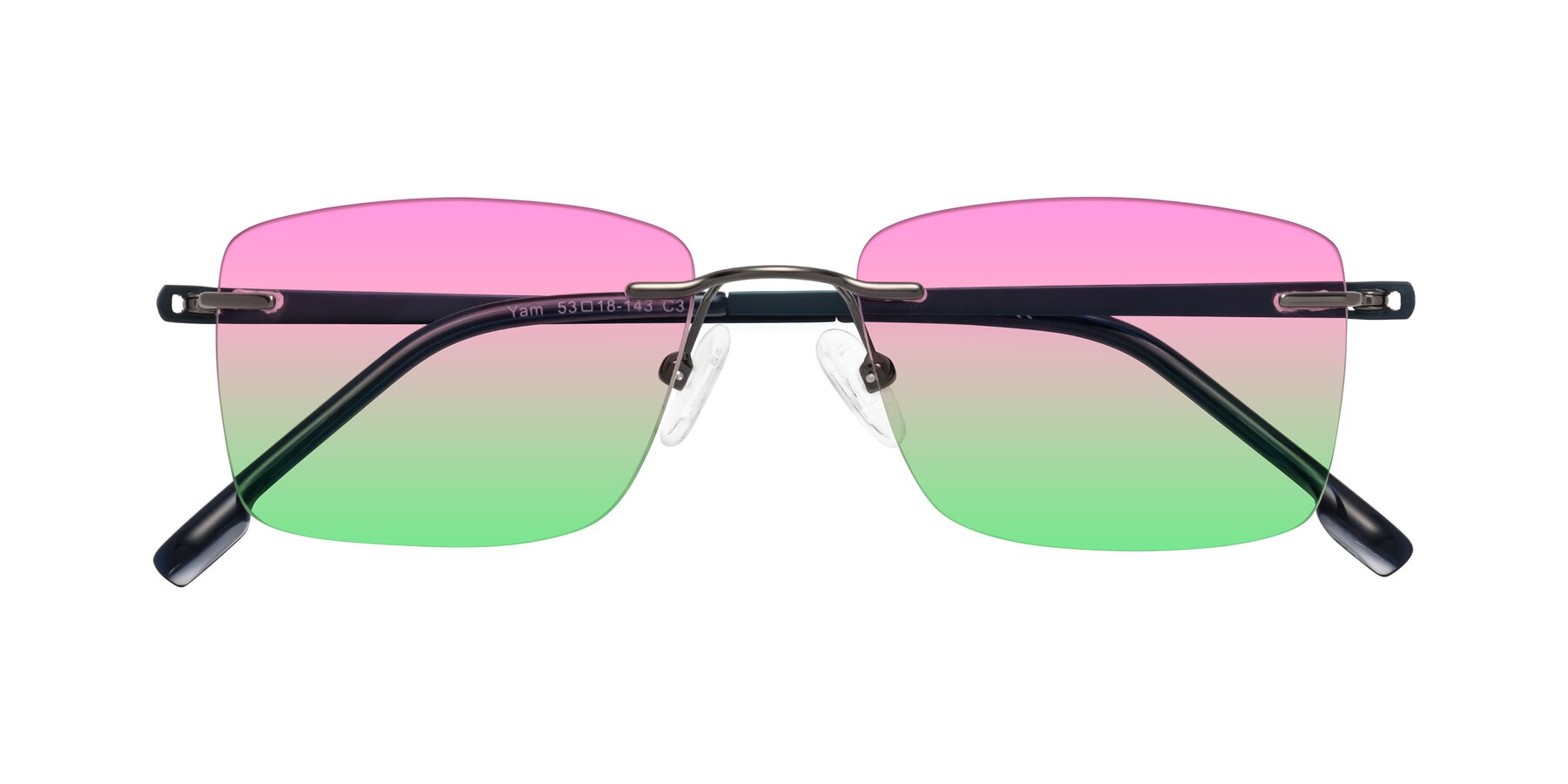 Folded Front of Yam in Gunmetal-Blue with Pink / Green Gradient Lenses